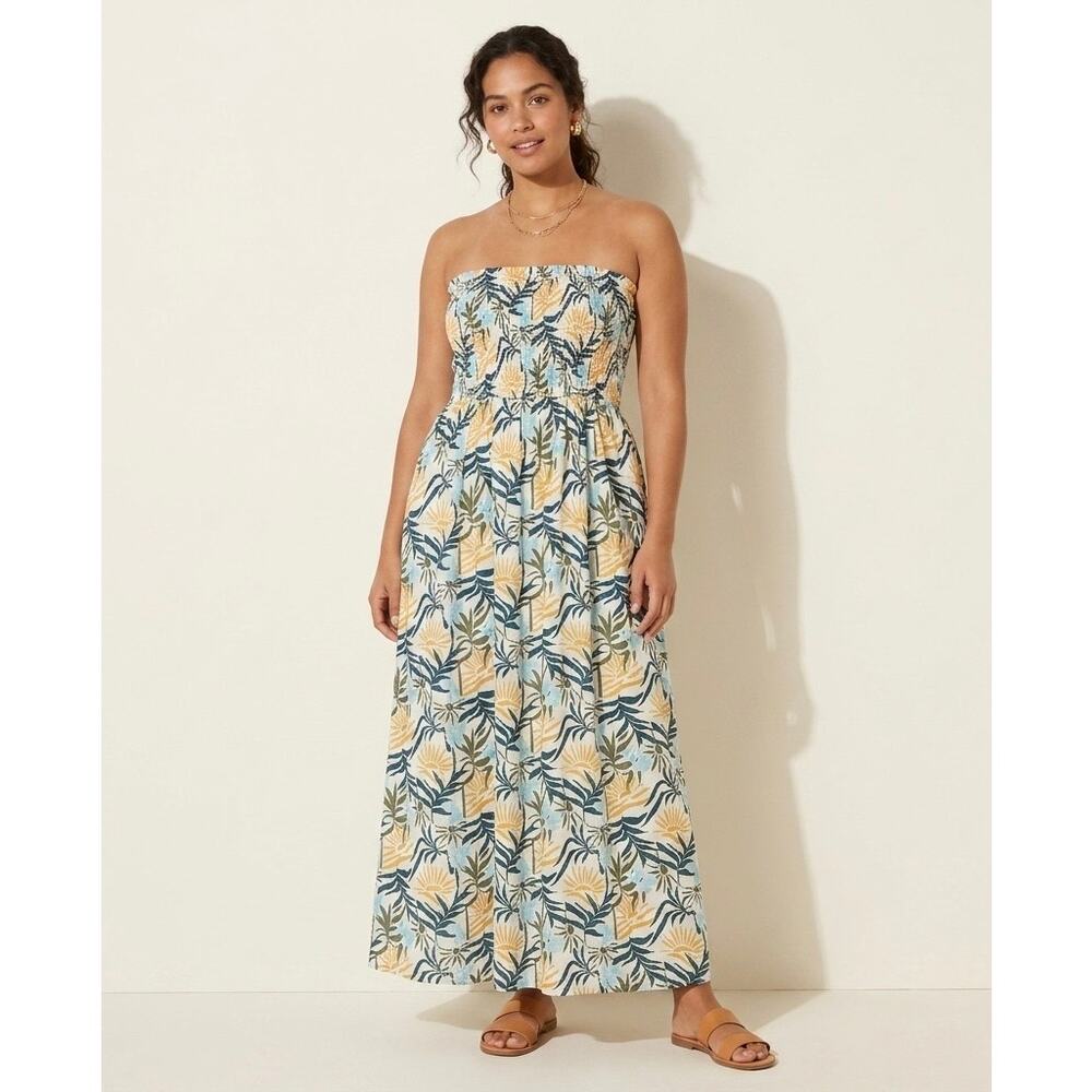 LOFT Strapless Maxi Dress in Yellow and Blue Leaf Print